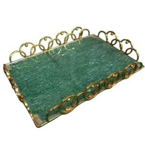 صينية تقديم فاخرة - زجاج أخضر متموج وإطار ذهبي