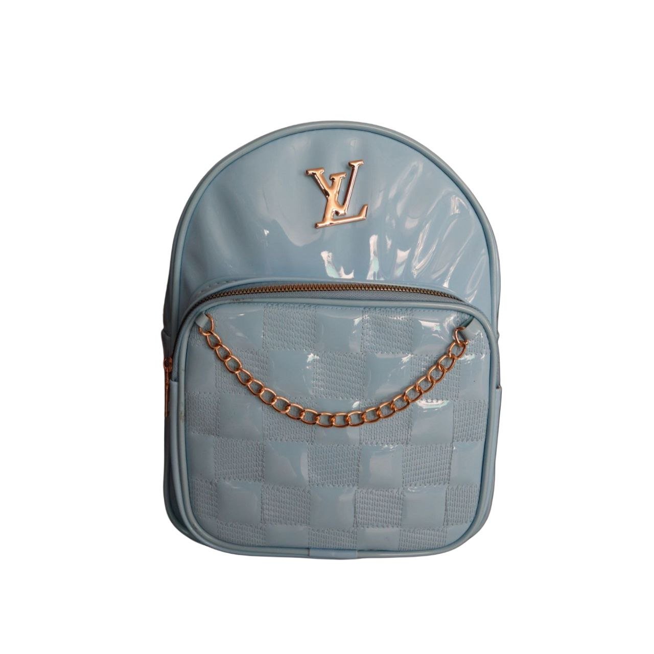 شنطة ظهر ميني لامعة (Baby Blue) مع سلسلة ذهبية